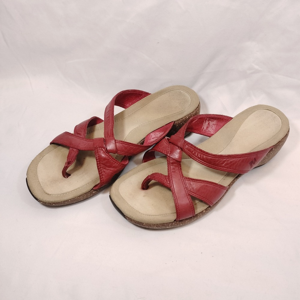 Merrell Sundial Cross Red Leather Strappy Flat Thong Sandals